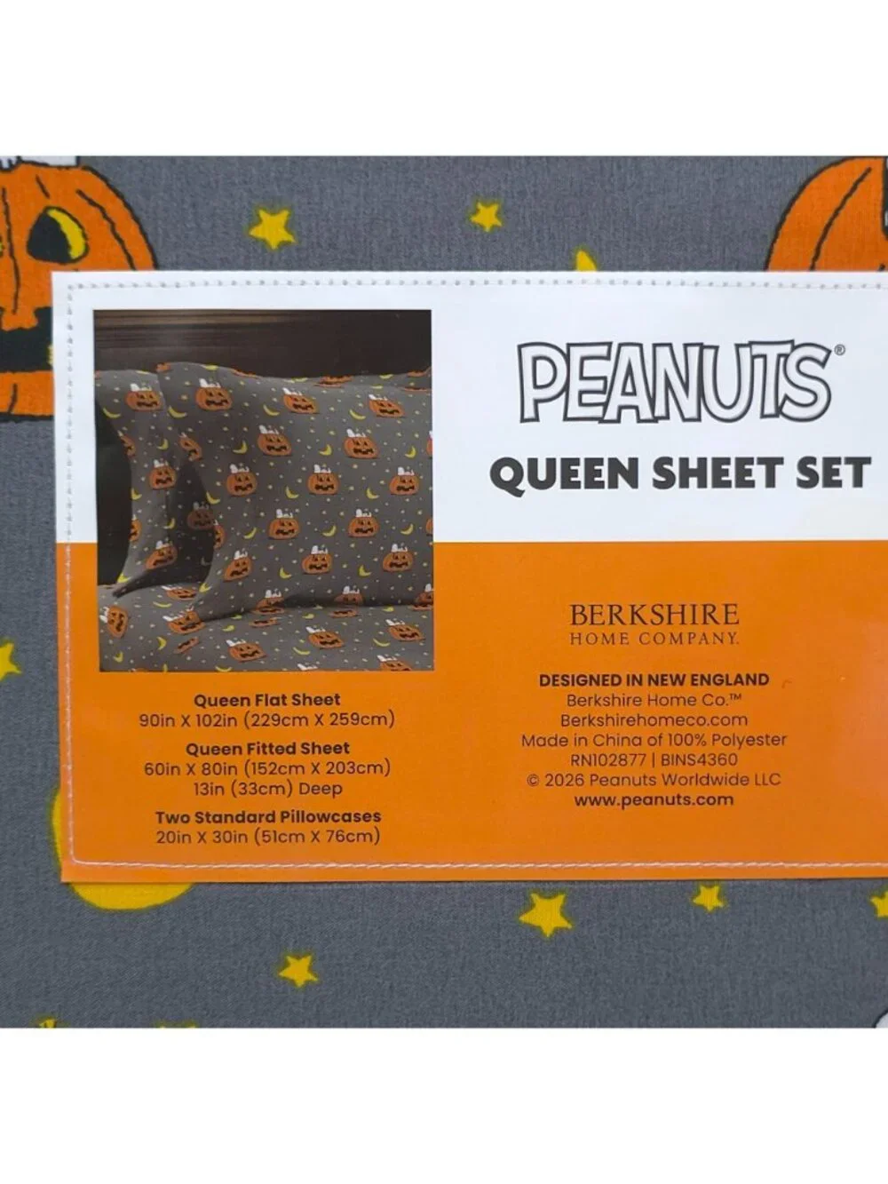 Peanuts Halloween Queen Sheet Set Gray with Snoopy Pumpkins & Stars By Berkshire